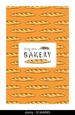 Poster für Bäckerei. Brot- und französisches Baguette-Muster. Menüeinband, vertikales Bannerdesign. Traditionelles Mehl aus biologischem Anbau. Leckeres hausgemachtes Brot. Süßes Gebäck. Vektorisolierte Zeichnung, Abbildung Stock Vektor