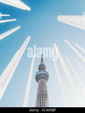 Blick auf den Skytree von Tokio, der durch den klaren blauen Himmel ragt, eingerahmt von weiß beleuchteten Strukturen im Koume Children's Park, Sumida City, Tokio, Japan. Stockfoto