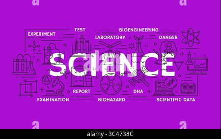 Genetik, Medizin und Physik, Chemie, Biologie. Vektorpädagogisches lineares Wissenschaftswort mit Laborwerkzeugen und chemischen Forschungszeichen wie mit Mikroskop, Reagenzgläsern, dna, Molekülen Stock Vektor
