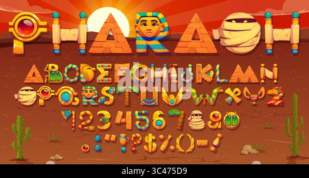 Altägyptische Schriftart oder Pharao Schriftart und Zeichentrick Mythologie Typ, Vektor Arcade Spiel Alphabet. Altägyptische Schriftzeichen der Pharaonpyramide und Mumie mit Scarab- und Papyrus-Hieroglyphen Stock Vektor
