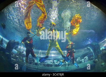 13. Juni 2021, Qinhuangdao, Hebei, China: Ein Drachentanz wird unter Wasser durchgeführt, um das traditionelle Drachenboot-Festival in Qinhuangdao, Hebei, China am 13. Juni 2021 zu feiern. (Kreditbild: © TPG via ZUMA Press) Stockfoto
