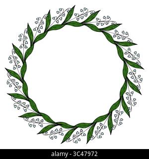 Ein kreisförmiger Blumenkranz mit grünen Blättern und zarten weißen Blüten. Der Kranz ist detailreich und symmetrisch angeordnet Stock Vektor