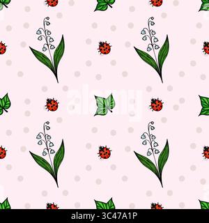 Ein nahtloses Vektormuster mit Marienkäfern, grünen Blättern und weißen Blumen auf einem weichen rosa Hintergrund mit subtilen Polka Dots. Stock Vektor