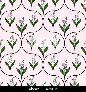 Ein nahtloses Vektor-Muster mit zarten Maiglöckchen mit grünen Blättern auf einem weichen rosa Hintergrund. Das Design ist in Zirkel eingeschlossen Stock Vektor