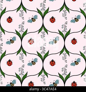 Ein skurriles Vektor-Muster mit Marienkäfern und Bienen, umgeben von grünen Blättern und zarten Weinstöcken auf einem weichen rosa Hintergrund. Stock Vektor