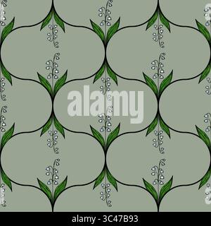 Ein nahtloses Blumenmuster mit grünen Blättern und zarten blauen Blüten auf einem gedämpften grünen Hintergrund. Das Design ist symmetrisch und elegant, passend Stock Vektor