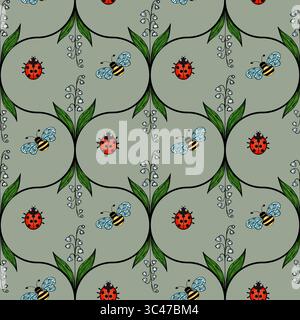 Ein nahtloses Vektormuster mit Marienkäfern und Bienen zwischen grünen Blättern und zarten Blumen auf einem gedämpften grünen Hintergrund. Stock Vektor