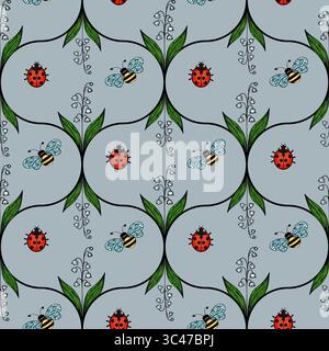 Ein skurriles Vektormuster mit Marienkäfern und Bienen zwischen grünen Blättern auf hellblauem Hintergrund. Das Design ist verspielt und farbenfroh, perfekt für Stock Vektor