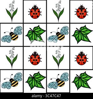 Ein farbenfrohes Gitter mit Illustrationen von Marienkäfern, Bienen, Maiglöckchen und grünen Blättern. Das Design ist verspielt und für Kinder geeignet Stock Vektor