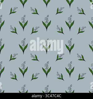 Ein nahtloses Vektor-Muster mit zarten Blumen mit grünen Blättern auf einem hellblauen Hintergrund. Die Blumen haben kleine weiße Blüten und sind angeordnet Stock Vektor