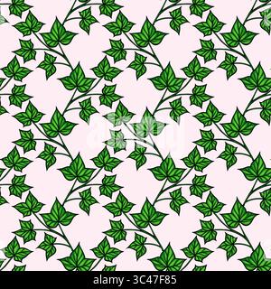 Ein nahtloses Vektormuster mit grünen Efeublättern auf einem weichen rosa Hintergrund. Das Design zeigt eine Vielzahl von Efeublattformen und -Größen und schafft so eine gute Figur Stock Vektor