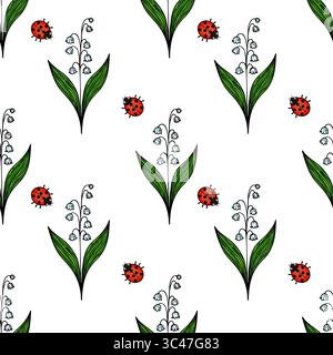 Ein nahtloses Vektormuster mit stilisierten Blumen mit grünen Blättern und weißen Blüten, begleitet von roten Marienkäfern. Das Design ist verspielt und lebendig Stock Vektor