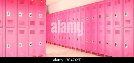 Rosafarbene Schließfächer 3. Schule Gym Flur Hintergrund Stockfoto