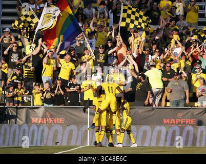 30. Juni 2018 - Columbus, OH, USA - Columbus Crew SC Mittelfeldspieler Eduardo Sosa (20) feiert sein Tor gegen Real Salt Lake in der ersten Halbzeit im MAPFRE Stadium in Columbus, Ohio, am Samstag, den 30. Juni 2018. (Foto: © Kyle Robertson/TNS via ZUMA Wire) Stockfoto
