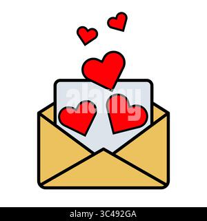Liebesbrief mit roten Herzen in einem Umschlag. Eine Illustration eines offenen gelben Umschlags mit einem Buchstaben im Inneren, verziert mit hellroten Herzen. Stock Vektor