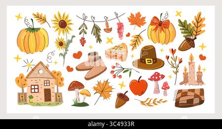 Hallo Herbst Hand gezeichneter Vektor Set mit gemütlichen Herbst Kleidung Tee Kürbiskuchen Blätter Pilze und Walking Stimmung perfekt für saisonale Drucke Aufkleber Karten Stock Vektor