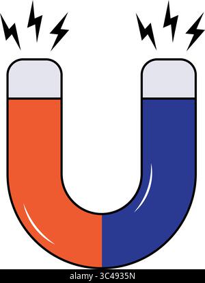 Bunter Hufeisenmagnet mit elektrischer Funkenvektor-Illustration. Jeder Pol ist mit elektrischen Funken gekrönt, die magnetische Energie und Kraft symbolisieren. Stock Vektor