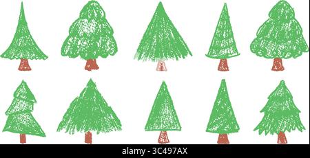 Set mit Weihnachtsbaumkritzeleien in Pastell-Holzkohle-Stil. Handgezeichnet von Kindern auf weißer Tafel mit grünem Wachs und Schnörkellinien. Vektor Weihnachten Stock Vektor