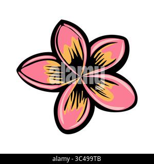 Eine stilisierte Illustration einer rosafarbenen Blumenkette mit schwarzen Umrissen und gelben Akzenten in den Blütenblättern. Die Blüte hat fünf symmetrisch angeordnete Blütenblätter Stock Vektor