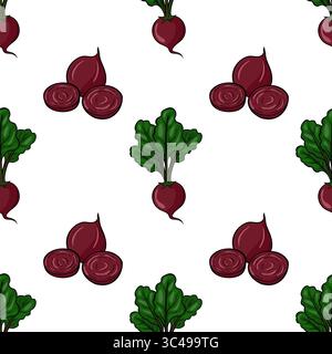 Ein nahtloses Vektormuster mit roten Beeten mit grünen Blättern, angeordnet in einem repetitiven Design auf weißem Hintergrund. Stock Vektor