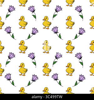 Ein nahtloses Vektor-Muster mit niedlichen gelben Enten und lila Blumen auf einem weißen Hintergrund. Das Design ist verspielt und farbenfroh, geeignet für c Stock Vektor