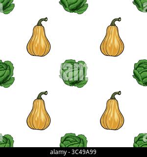 Ein nahtloses Vektormuster mit Illustrationen von gelbem Kürbis und Grünkohl auf weißem Hintergrund. Das Design ist lebendig und für Tex geeignet Stock Vektor