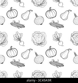 Ein nahtloses Vektor-Muster mit handgezeichnetem Gemüse einschließlich Kürbisse, Kürbis, Tomaten, Mais, Zwiebeln, Radieschen und Kohl auf einem weißen Hintergras Stock Vektor