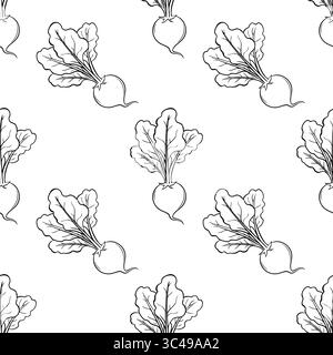 Ein nahtloses Vektormuster mit handgezeichneten Rüben mit Blattgrün auf weißem Hintergrund. Das Design ist einfach und elegant, geeignet für verschiedene A Stock Vektor