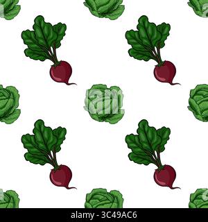 Ein nahtloses Vektormuster mit roten Radieschen mit grünen Blättern und grünen Kohlköpfen auf weißem Hintergrund. Das Design ist lebendig und passend für Stock Vektor