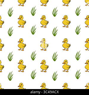 Ein nahtloses Vektor-Muster mit niedlichen gelben Enten und grünem Gras auf einem weißen Hintergrund. Die Enten sind in Cartoonfarben gehalten und verleihen ihnen einen verspielten Touch Stock Vektor