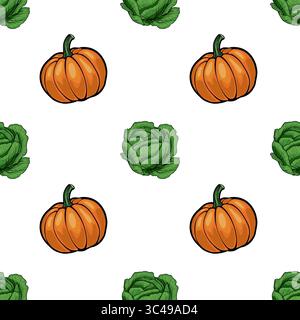 Ein nahtloses Vektormuster mit orangefarbenen Kürbissen und Grünkohl auf weißem Hintergrund. Die Kürbisse sind rund und gerippt, während der Kohl ist Stock Vektor