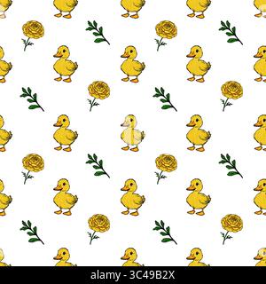 Ein verspieltes Vektormuster mit niedlichen gelben Enten und gelben Rosen auf weißem Hintergrund. Das Design ist fröhlich und für Kinderprodukte geeignet Stock Vektor