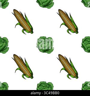 Ein nahtloses Vektormuster mit Mais und Kohl auf weißem Hintergrund. Der Mais ist mit seiner Schale dargestellt, während der Kohl im Detail dargestellt ist Stock Vektor