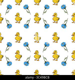 Ein nahtloses Vektor-Muster mit niedlichen gelben Enten und blauen Blumen auf einem weißen Hintergrund. Das Design ist verspielt und für Kinder geeignet Stock Vektor