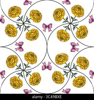 Ein nahtloses Vektormuster mit gelben Rosen und rosa Schleifen auf weißem Hintergrund. Das Design ist kompliziert, mit floralen Elementen durchsetzt Stock Vektor