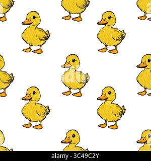 Ein Vektor, der Muster niedlicher gelber Enten auf weißem Hintergrund wiederholt. Jede Ente lächelt und hat einen abgerundeten Körper mit kleinen Flügeln und einem Webbett Stock Vektor
