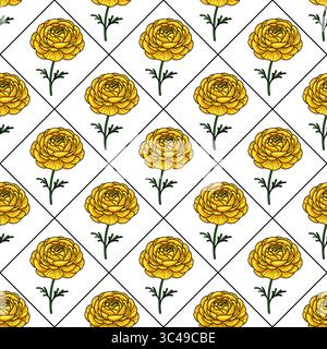 Ein nahtloses Vektormuster mit gelben Rosen mit grünen Stielen auf weißem Hintergrund, angeordnet in einem Rautenraster-Layout. Stock Vektor