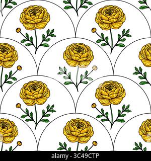 Ein nahtloses Vektor-Muster mit gelben Blumen mit grünen Blättern auf weißem Hintergrund. Die Blumen sind stilisiert und kreisförmig angeordnet Stock Vektor