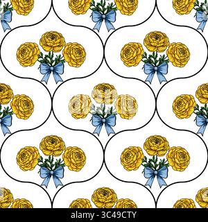 Ein nahtloses Vektormuster mit gelben Blumen und blauen Bögen auf weißem Hintergrund. Das Design umfasst Blumenkästen, die von Dekoraten umgeben sind Stock Vektor