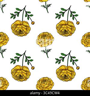 Ein nahtloses Vektor-Muster mit handgezeichneten gelben Ranunkeln-Blüten und grünen Blättern auf weißem Hintergrund. Das Design ist lebendig und blumig, ide Stock Vektor