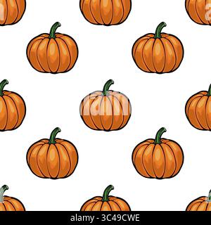 Ein nahtloses Vektormuster von Kürbissen im Cartoon-Stil auf weißem Hintergrund. Die Kürbisse sind leuchtend orange mit grünen Stielen, die ein verspieltes und f Stock Vektor