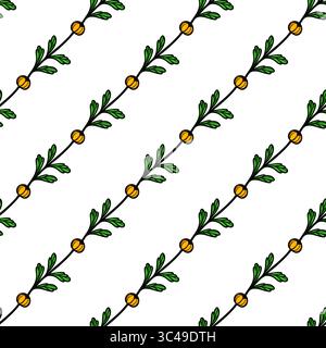 Ein nahtloses Vektormuster mit grünen Blättern und gelben Beeren, die diagonal auf einem weißen Hintergrund angeordnet sind. Stock Vektor