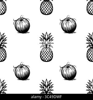 Ein nahtloses Vektormuster mit handgezeichneten Ananas und runden Formen auf weißem Hintergrund. Das Design ist verspielt und für verschiedene Anwendungen geeignet Stock Vektor