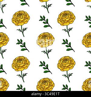 Ein nahtloses Vektor-Muster mit leuchtenden gelben Blumen mit grünen Blättern auf weißem Hintergrund. Die Blumen sind detailliert und stilisiert, wodurch eine entsteht Stock Vektor