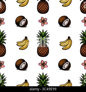 Ein Vektor-lebhaftes tropisches Muster mit Ananas, Bananen, Kokosnüssen und rosa Blumen Plumeria auf weißem Hintergrund. Perfekt für Sommermotive Stock Vektor