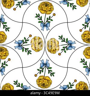 Ein nahtloses Vektormuster mit gelben Blumen und blauen Bögen in einem kreisförmigen Design. Die Blüten sind mit grünen Blättern versehen, wodurch eine entsteht Stock Vektor