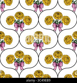 Ein nahtloses Vektormuster mit gelben Blumen mit grünen Blättern und rosa Bögen, angeordnet in ovalen Formen auf weißem Hintergrund. Stock Vektor