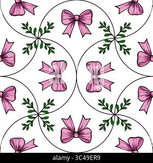 Ein nahtloses Vektormuster mit rosa Schleifen und grünem Laub auf weißem Hintergrund. Das Design ist elegant und eignet sich für verschiedene dekorative Purpo Stock Vektor