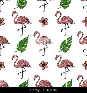 Ein nahtloses Vektor-Muster mit rosa Flamingos, tropischen Blättern und Plumeria auf weißem Hintergrund. Das Design ist lebendig und verspielt, passend für Stock Vektor