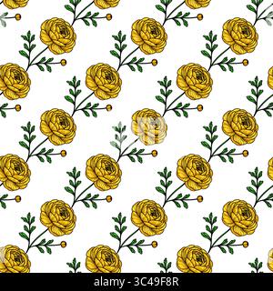 Ein nahtloses Blumenmuster mit leuchtenden gelben Rosen und grünen Blättern auf weißem Hintergrund. Das Design umfasst kleine gelbe Knospen, Creatin Stock Vektor